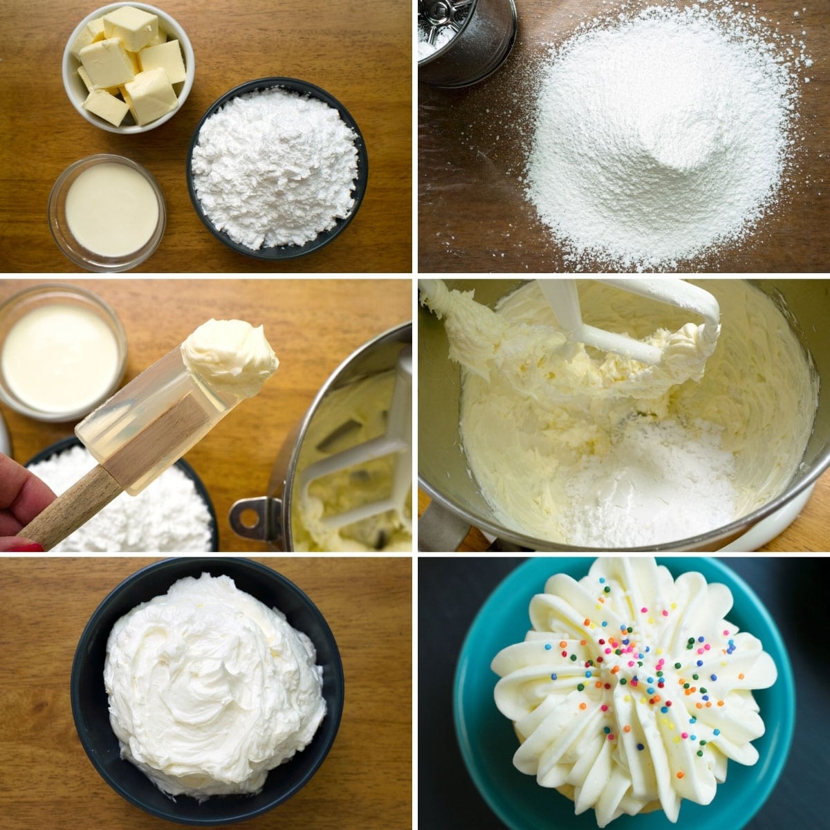 6 photos showing the process of making American Buttercream