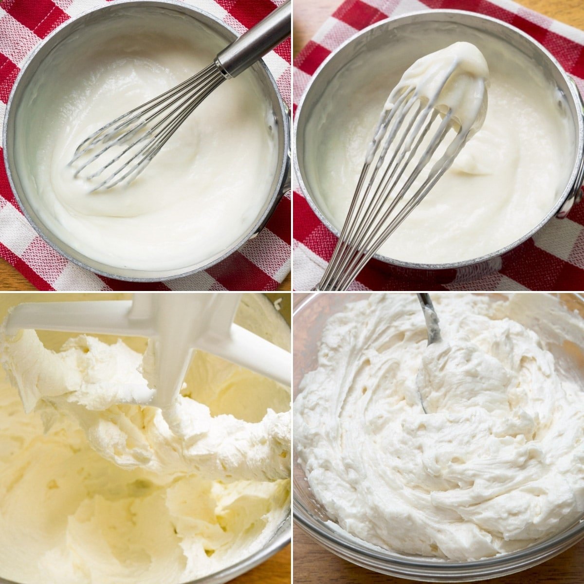 four photos showing the process of making ermine icing