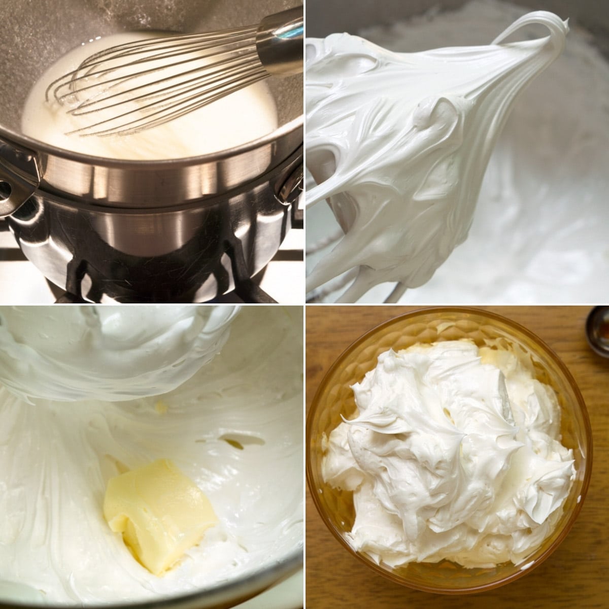 4 photos showing the process of making swiss meringue buttercream