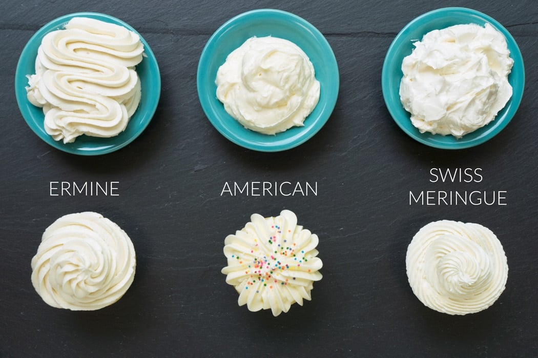 cupcakes frosted with ermine icing, american buttercream, and swiss meringue buttercream