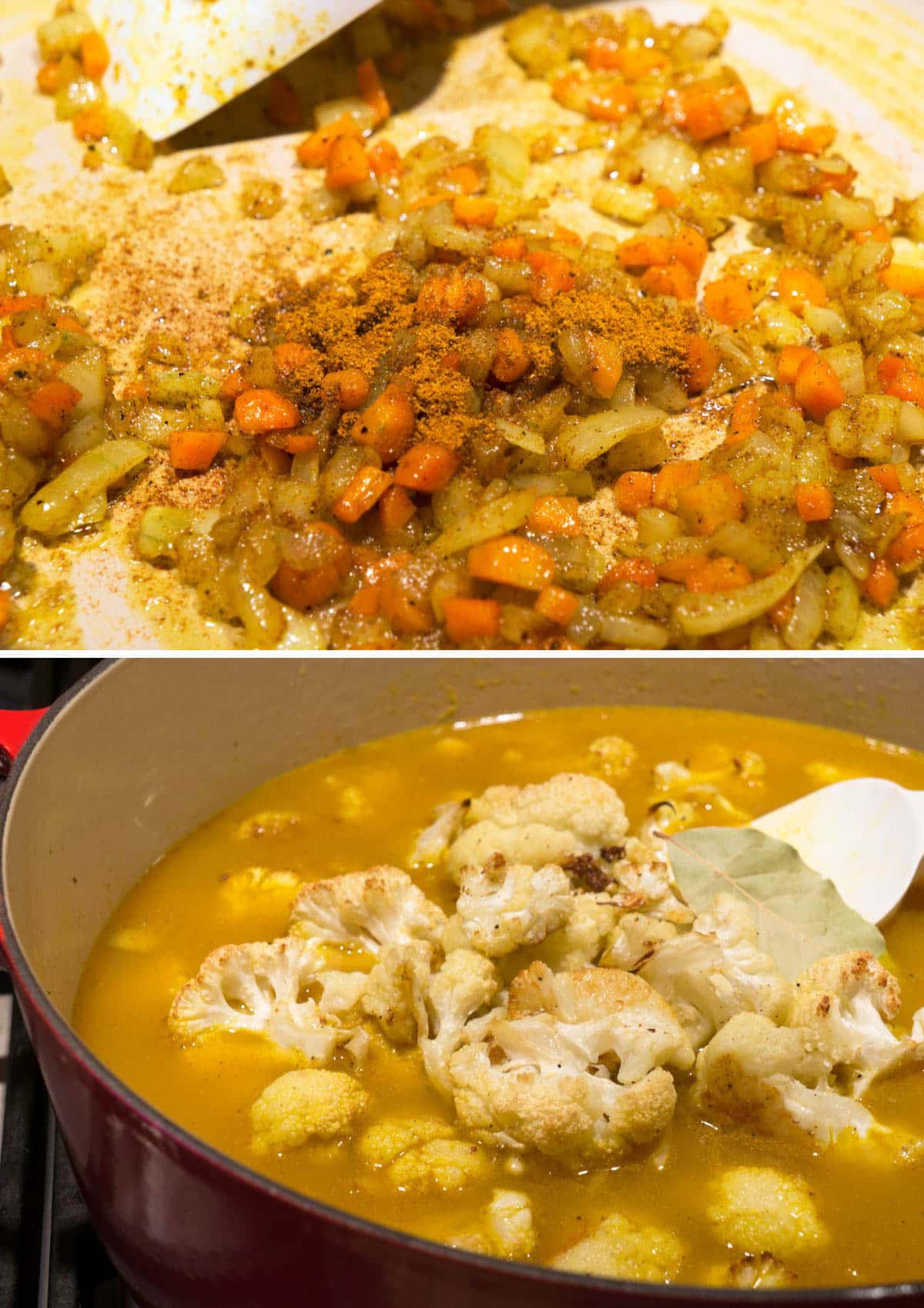 collage of 2 photos - top shows carrots and onions sauteed with curry powder in a pot, bottom shows cauliflower added to a pot of soup