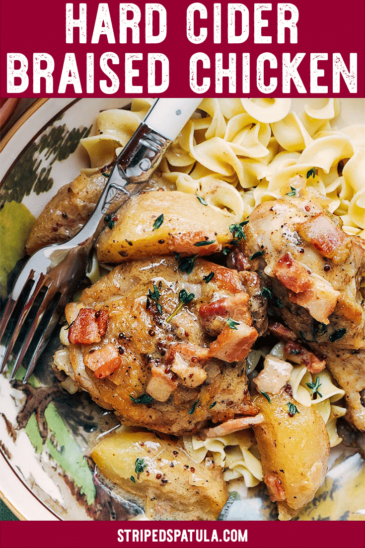 Hard Cider Braised Chicken with Apples is one pot fall comfort food at its best! Drumsticks and thighs are braised until tender in crisp hard cider with bacon, mustard, and herbs, for a cozy fall dinner that’s ready in just over an hour. #chicken #chickenrecipes #apples #bacon #dinner #dinnerrecipe