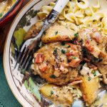 hard cider braised chicken with bacon and apples
