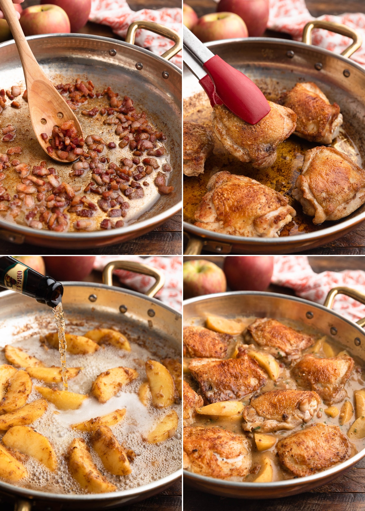 four photos showing the process of making hard cider chicken: crisping bacon, searing chicken thighs, pouring hard cider into the pan, and simmering the chicken and apples in the sauce