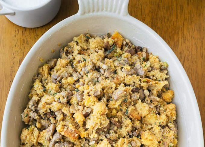 sausage and cornbread stuffing in a gratin pan