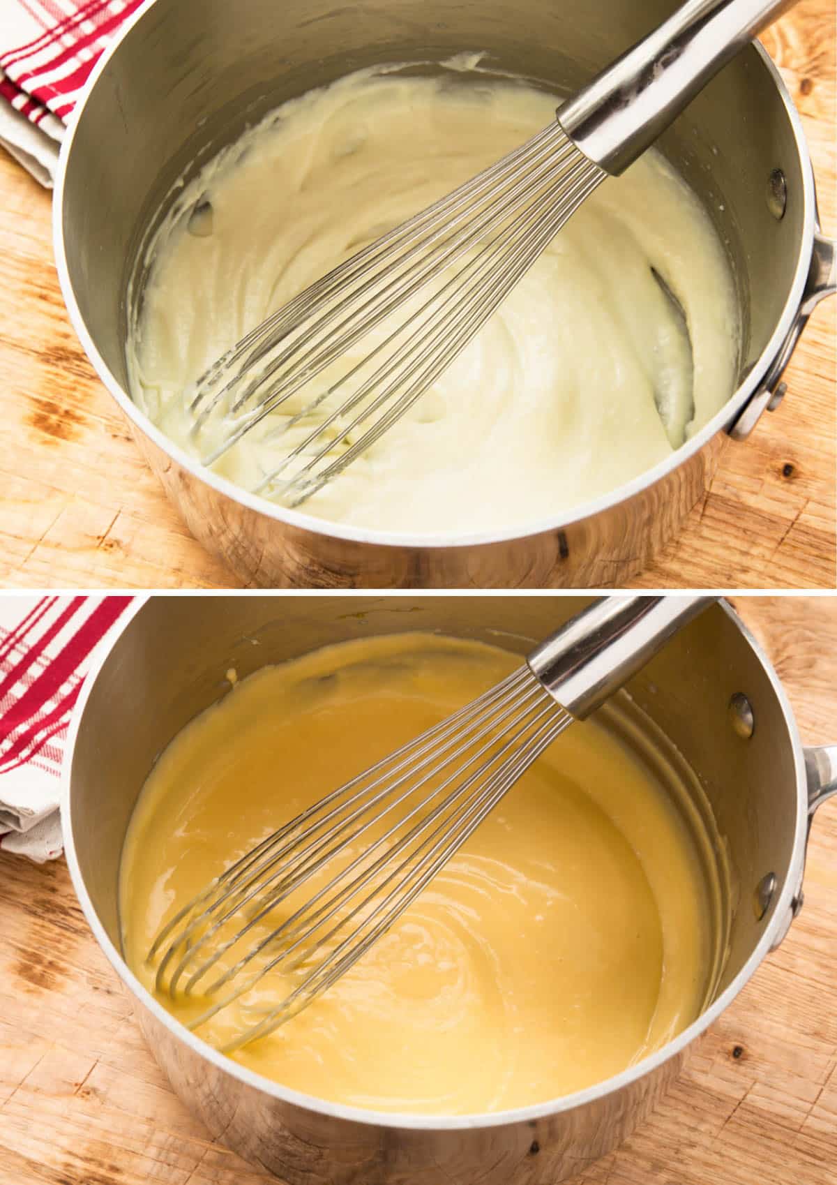 top photo: heavy bechamel sauce in a stainless steel pot with a whisk; bottom photo: egg yolks mixed into the same bechamel sauce with a whisk