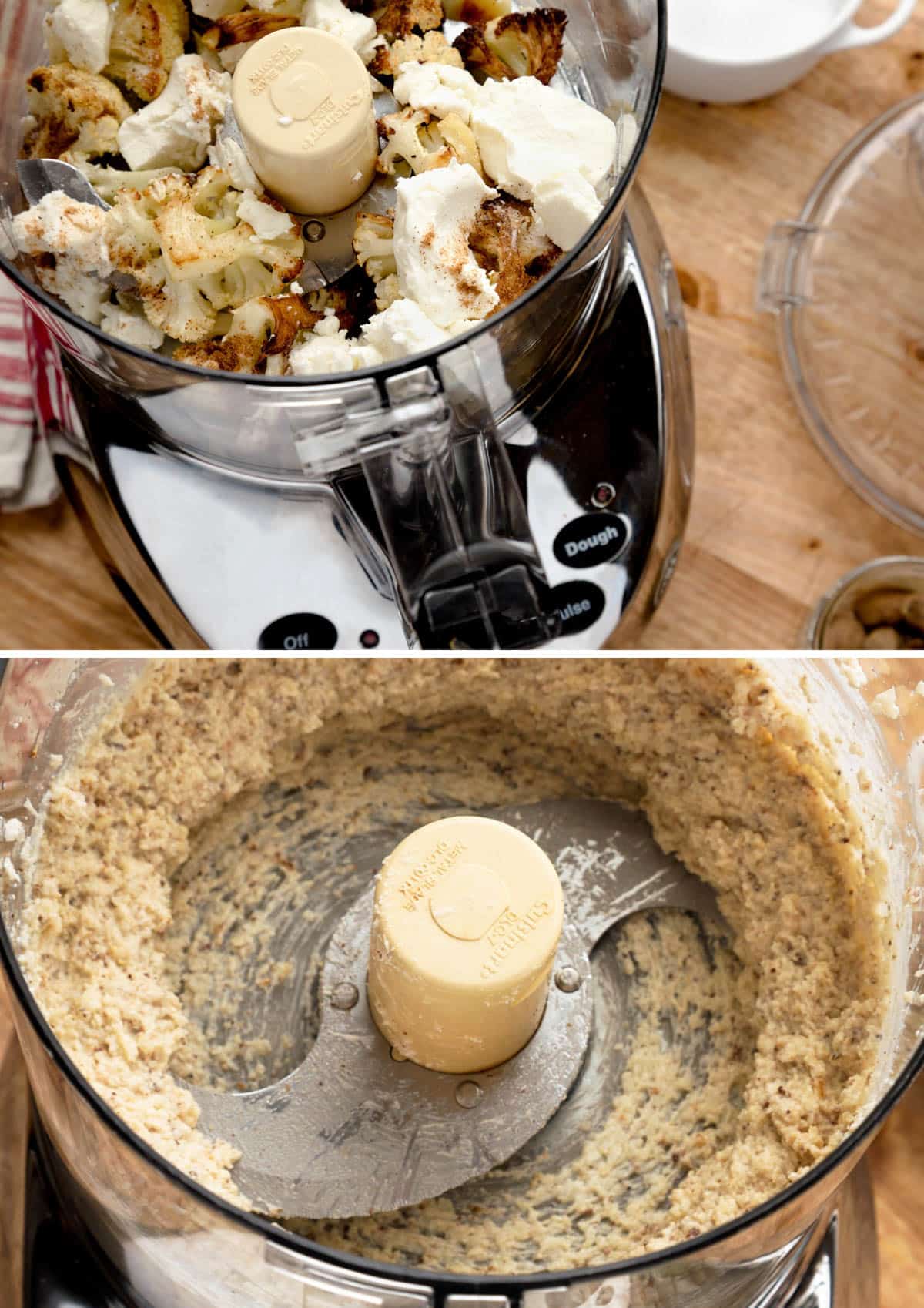 top photo: roasted cauliflower, garlic, goat cheese, and seasonings in the bowl of a food processor; bottom photo: the same mixture pureed in the food processor