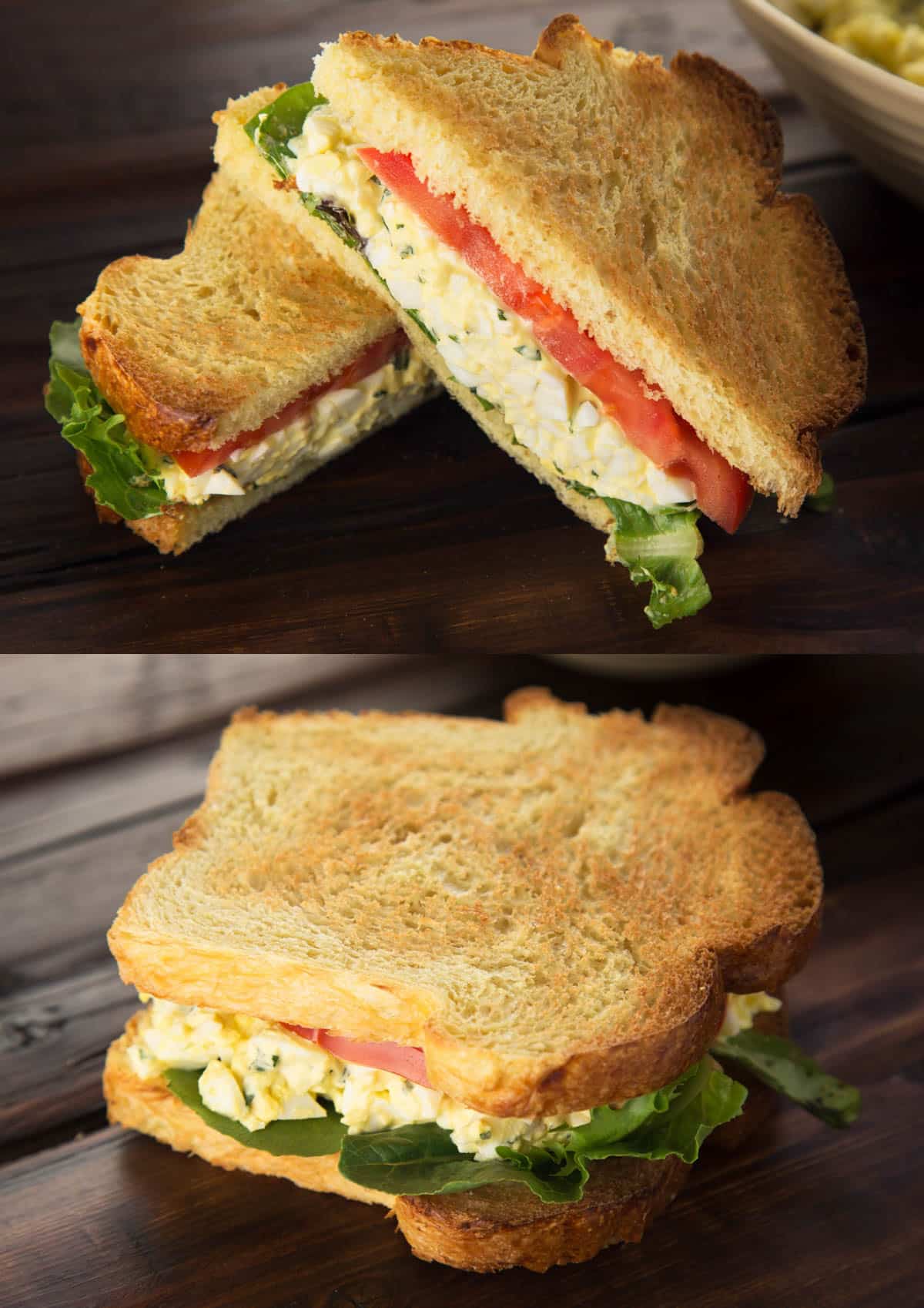 two photos showing a cut and uncut basil egg salad sandwich on toasted brioche with tomato and lettuce