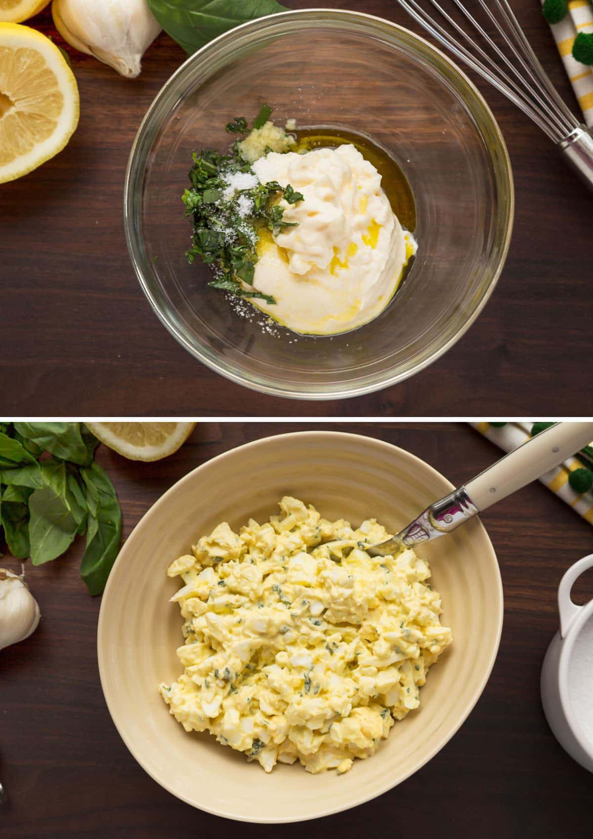 two overhead photos showing 1) egg salad dressing with basil being mixed in a glass bowl and 2) basil egg salad mixed in an ivory ceramic bowl