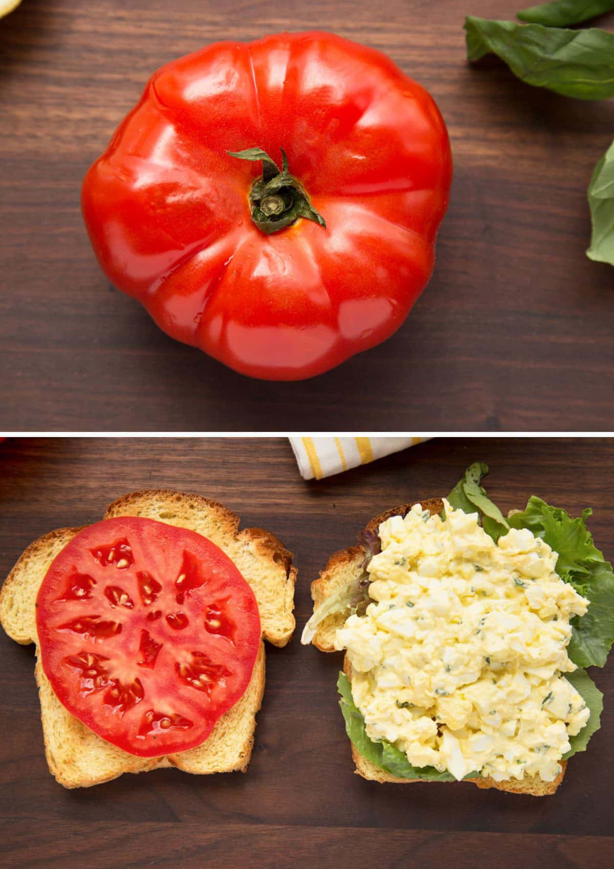 two overhead photos showing 1) a ripe red tomato, and 2) two pieces of brioche toast, one with a tomato slice and the other with egg salad and lettuce