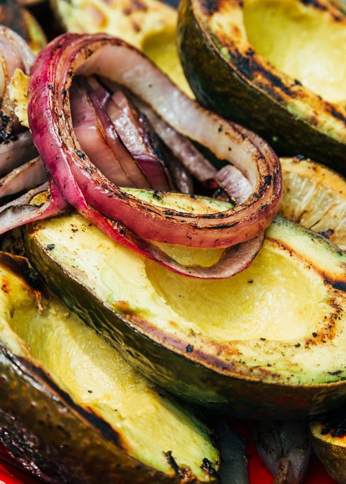 grilled avocados, onions, and limes