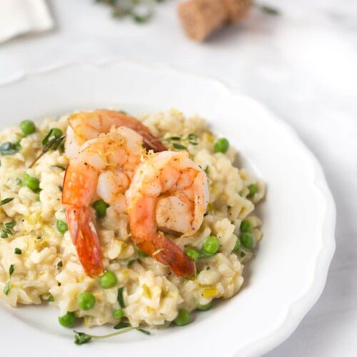 Leek Risotto with Champagne and Roasted Shrimp