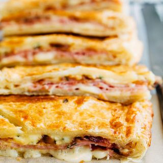 sliced ham and cheese puff pastry slab pie