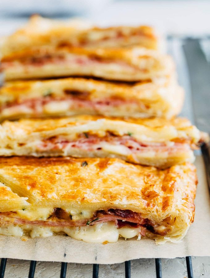 sliced ham and cheese puff pastry slab pie