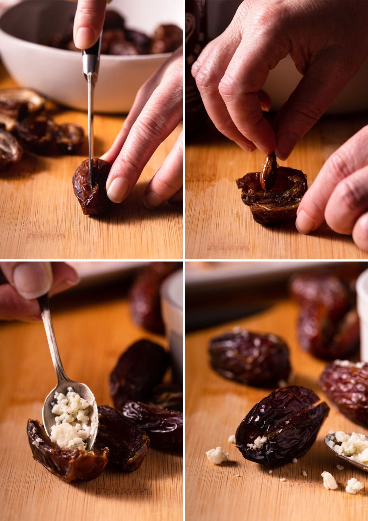 4 photo collage showing the process of removing the pit from a date and stuffing it with blue cheese