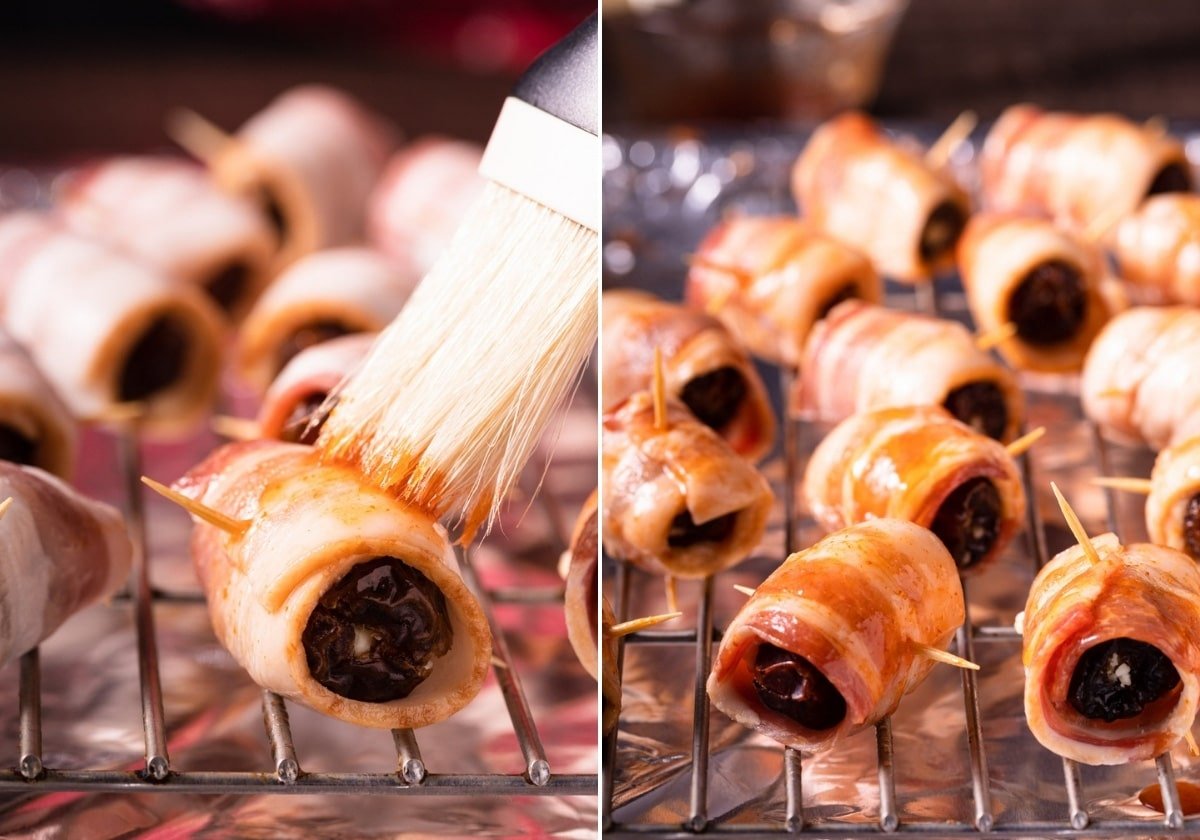 2 photo collage of bacon wrapped dates being brushed with glaze and sitting on a wire rack before baking