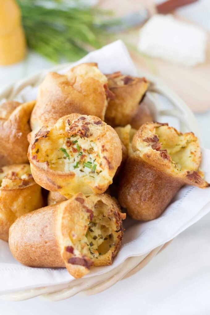 popovers with goat cheese and bacon in a bread basket