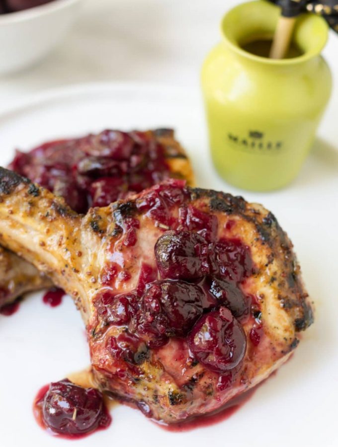 mustard grilled pork chops with cherry sauce recipe #sponsored