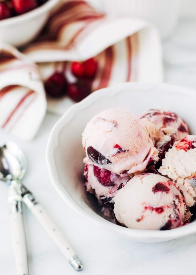 scoops of rum cherry ice cream recipe in a bowl