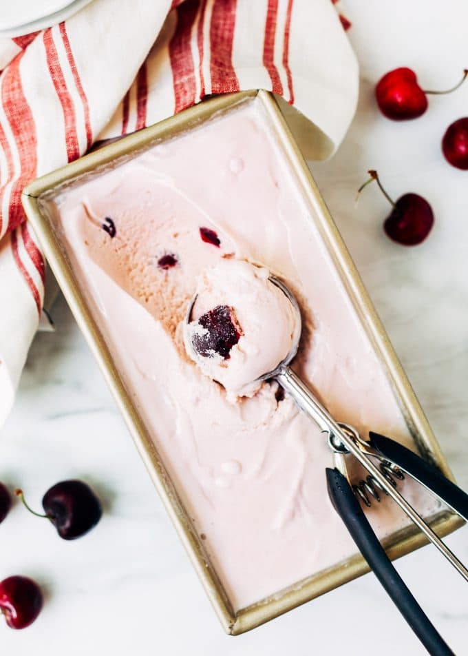 Bing cherry ice cream in a loaf pan after freezing