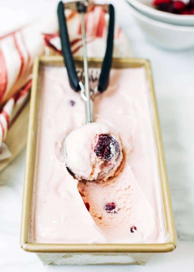 ice cream scoop of boozy cherry ice cream