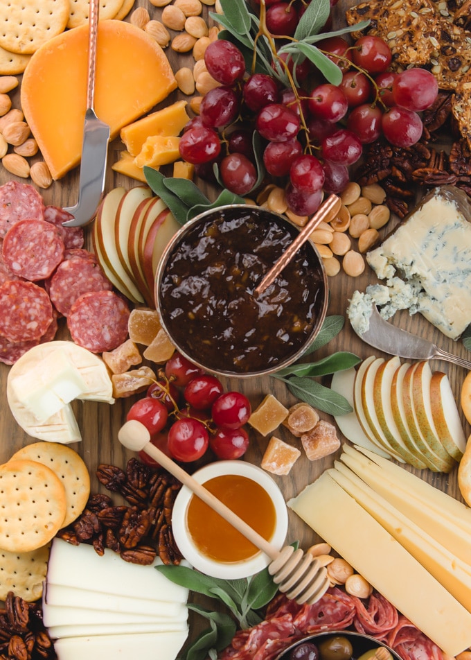 closeup of a cheese and charcuterie plate