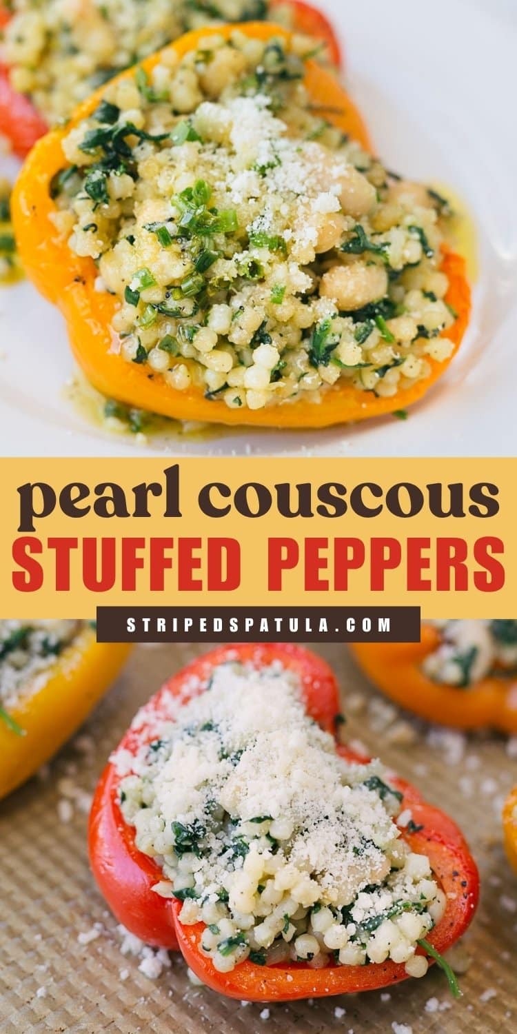 Two close-up photos of pearl couscous stuffed mini bell peppers filled with couscous, white beans, spinach, herbs, and cheese, topped with grated Parmesan. The top image shows a yellow pepper on a white plate, while the bottom shows a red pepper on a wooden surface with extra Parmesan sprinkled around it. Text overlay reads “pearl couscous STUFFED PEPPERS” with “stripedspatula.com” beneath.