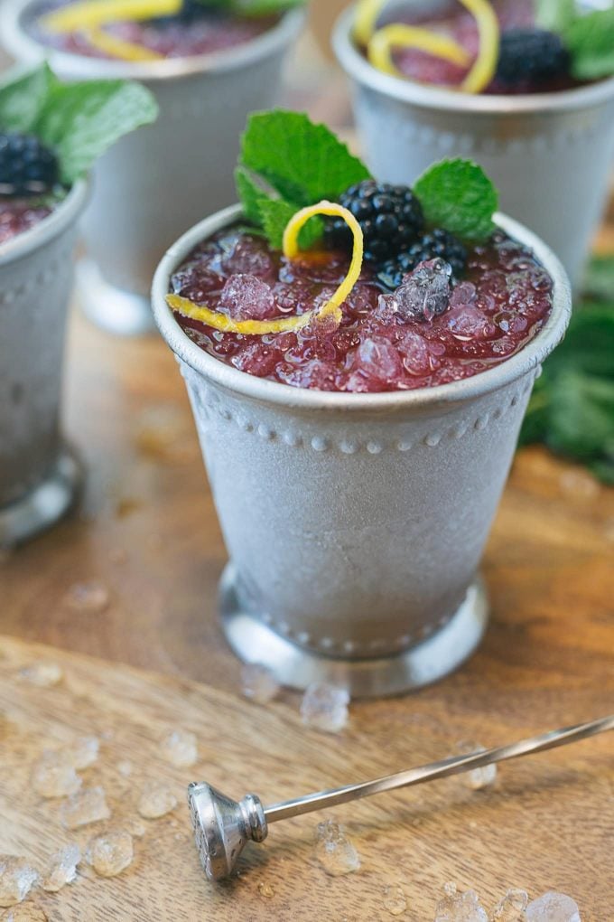 icy blackberry lemon mint julep served in a beaded julep cup