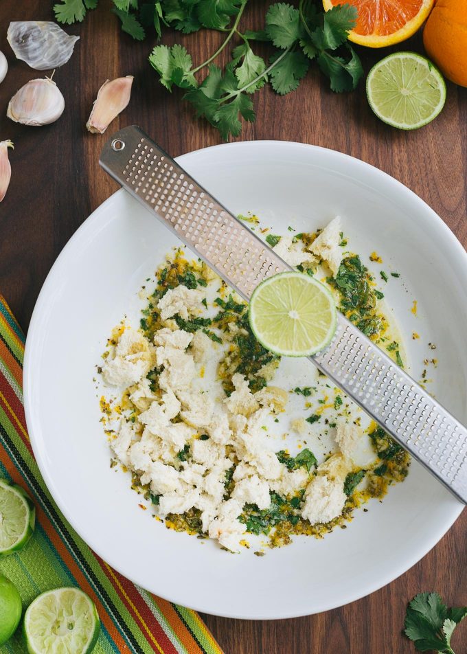 white bread panade with Cuban mojo sauce in a bowl