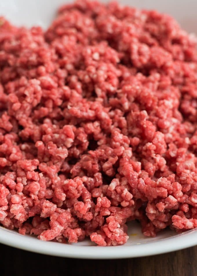 medium ground chuck beef in a white bowl