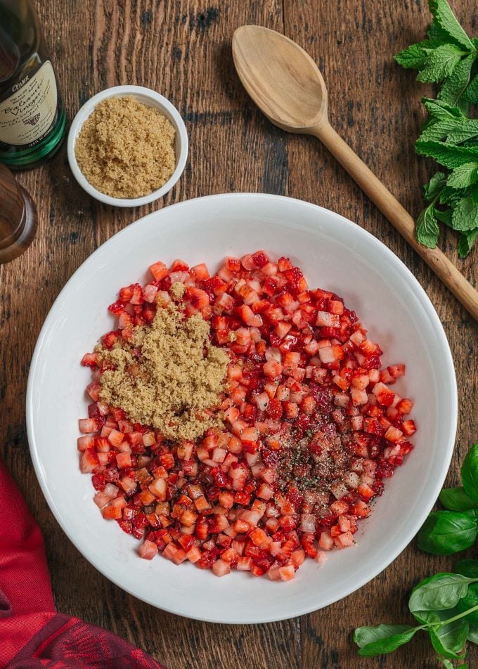 chopped strawberries with brown sugar and balsamic for fruit salsa