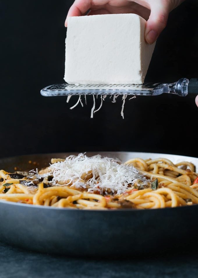 ricotta salata over cherry tomato sauce