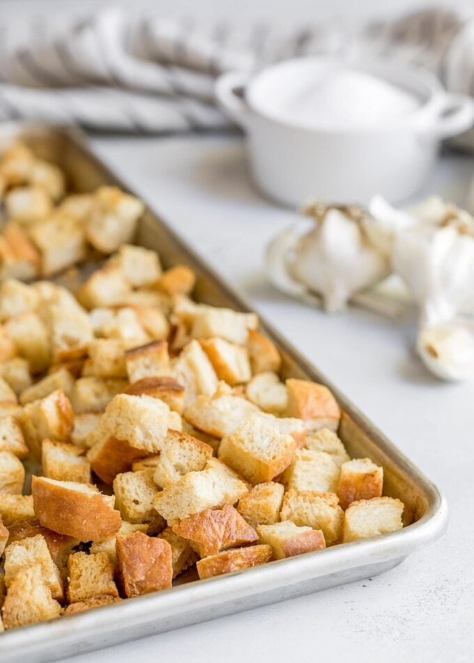 homemade croutons on a baking sheet