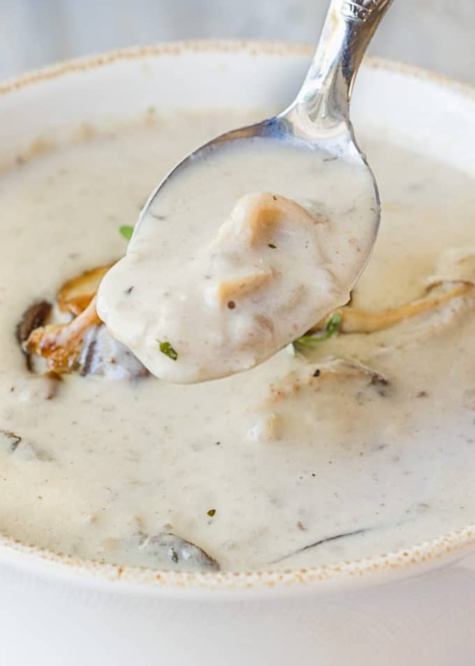 cream of mushroom soup on a spoon over a bowl of soup