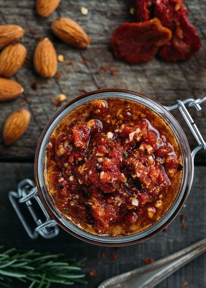 Pesto rosso of dried tomatoes with pecorino and almonds