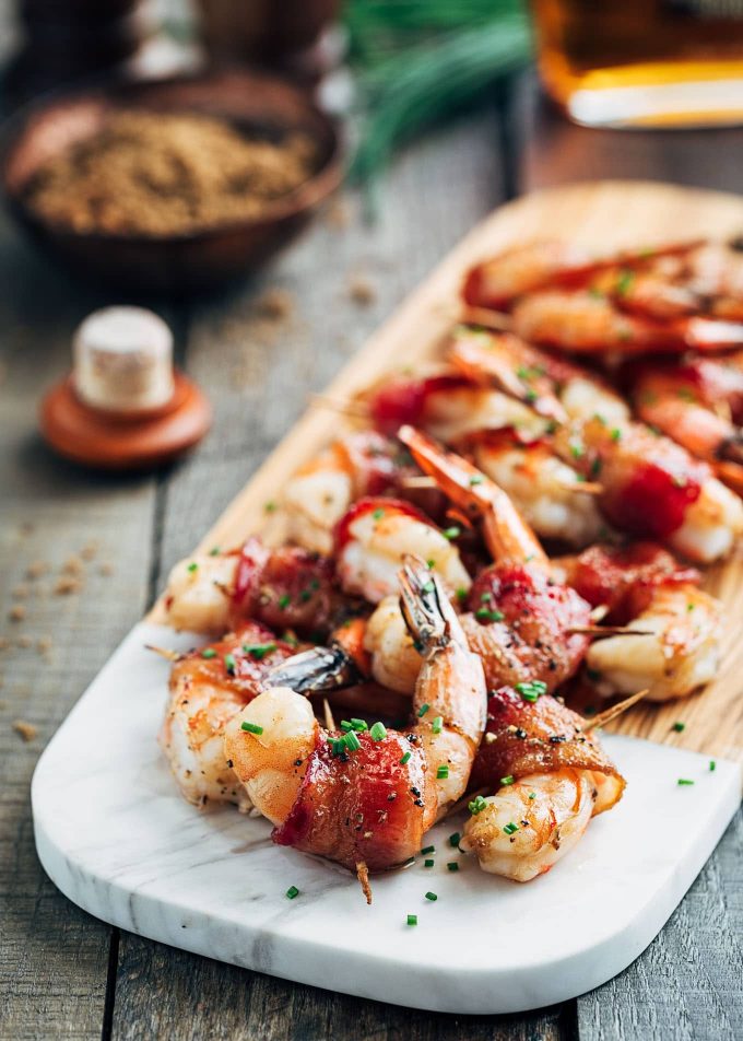 Baked Bacon Wrapped Shrimp with Bourbon Glaze, served