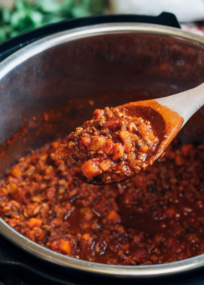 cooked instant pot bolognese on a spoon