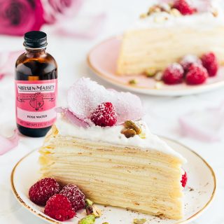 sliced crepe cake with rosewater-vanilla cream