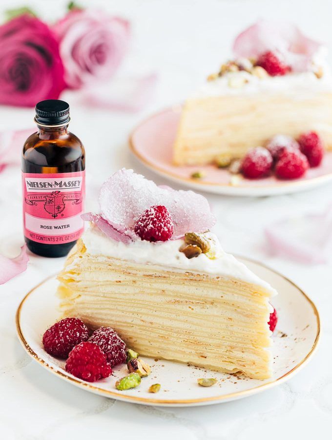sliced crepe cake with rosewater-vanilla cream