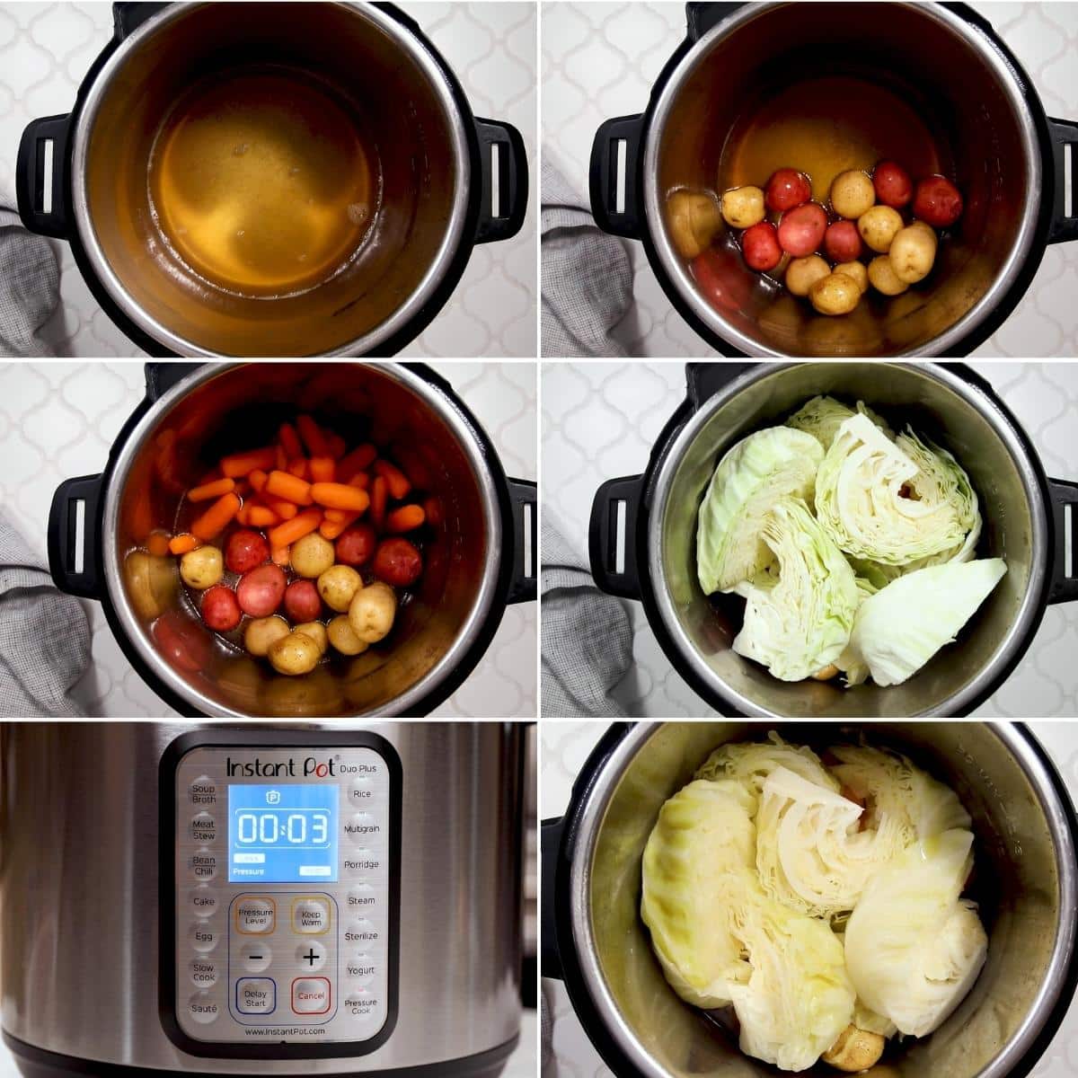 six photos showing the process of cooking potatoes, carrots, and cabbage in the Instant Pot