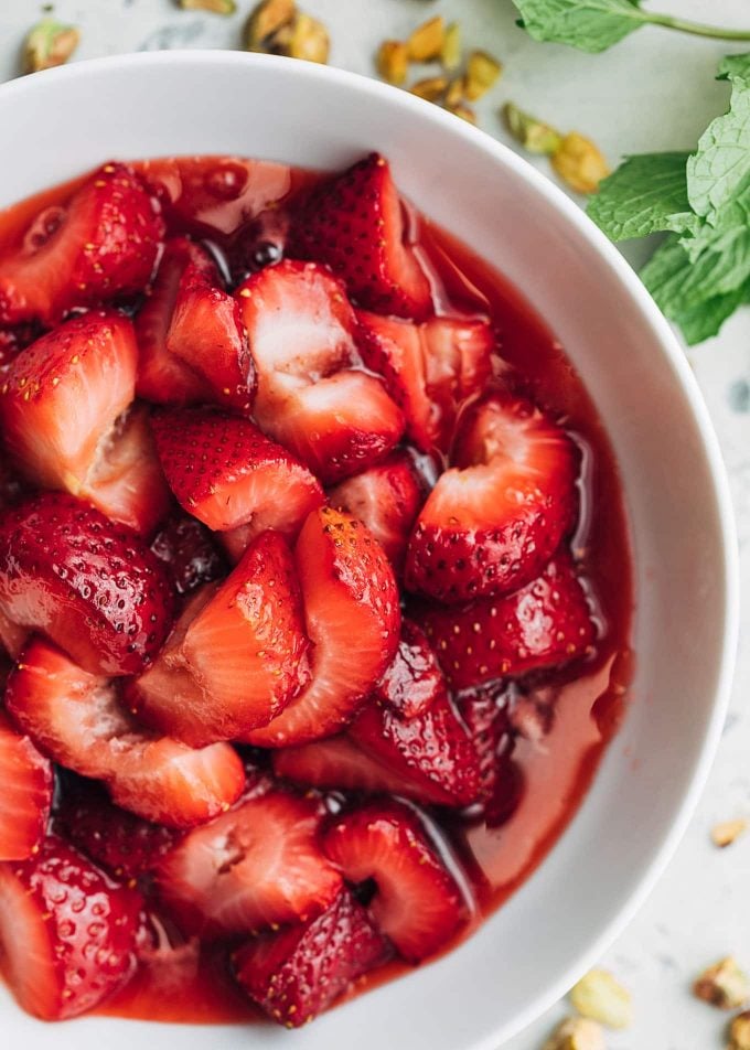 honey balsamic baked strawberries in a bowl