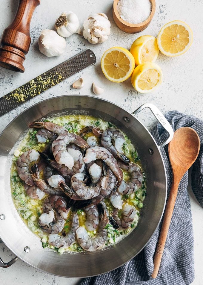 shrimp scampi in a pan to be broiled