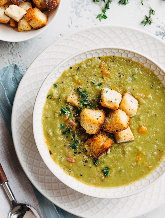 split pea soup with ham and croutons