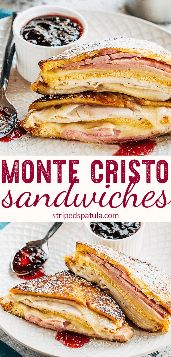 French Toast meets a meaty grilled cheese sandwich in this classic brunch indulgence. This Monte Cristo Sandwich recipe is sweet and savory comfort food at its best! Great for using leftover holiday turkey or ham! #cheese #brunch #comfortfood #comfortfoodfeast #lunch