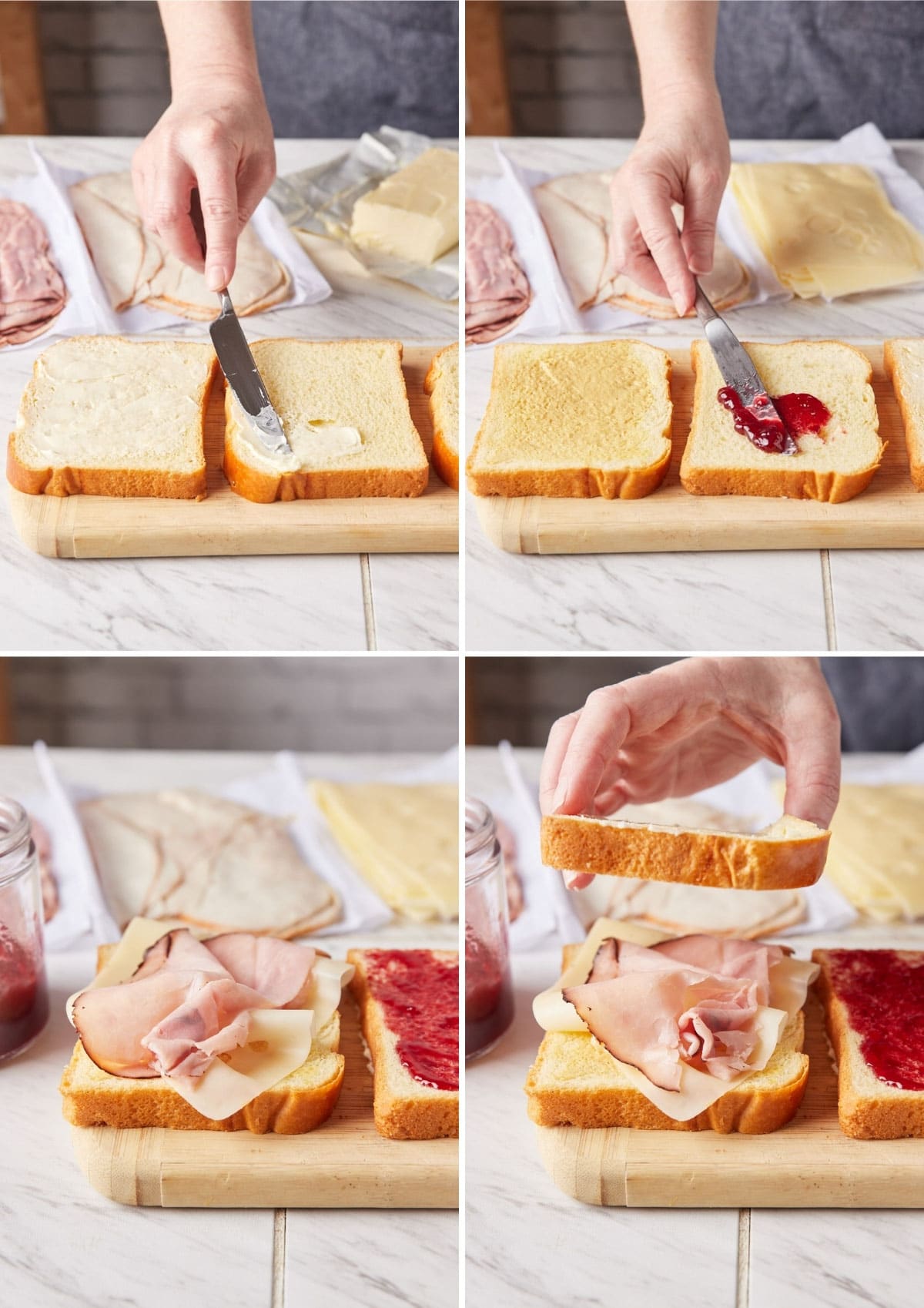 four photos showing the process of assembling a monte cristo sandwich: spreading butter on bread, spreading jelly on bread, layering ham and cheese, and placing the middle piece of bread on the triple decker