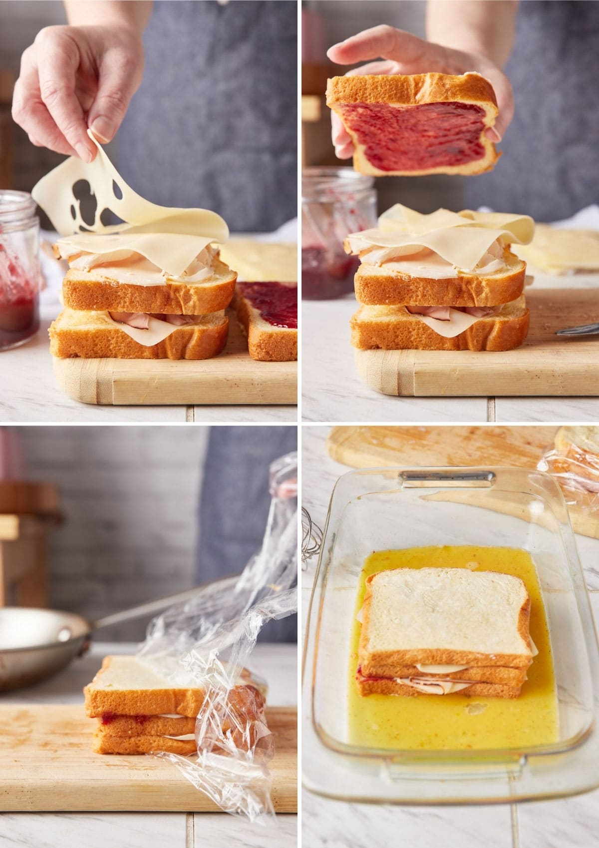 four photos showing the process of assembling a monte cristo sandwich: layering turkey and swiss cheese, topping the sandwich with a jam-spread slice of bread, unwrapping plastic wrap from the pressed sandwich, and dipping the sandwich into a dish of egg custard