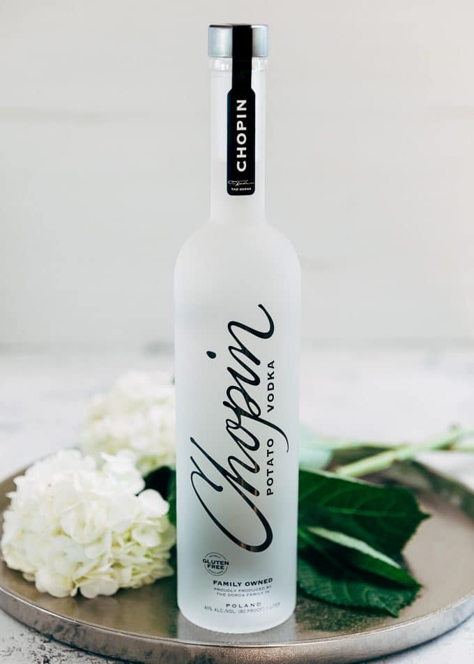 chopin potato vodka on a tray with hydrangea