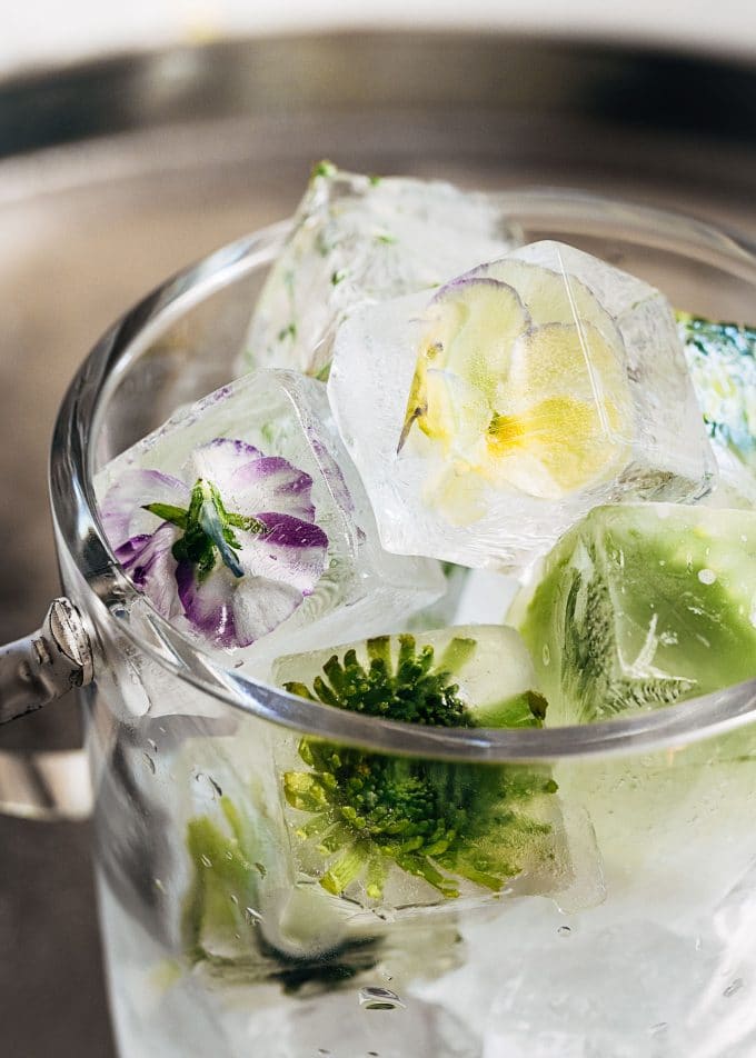 flower ice cubes in an a crystal ice bucket