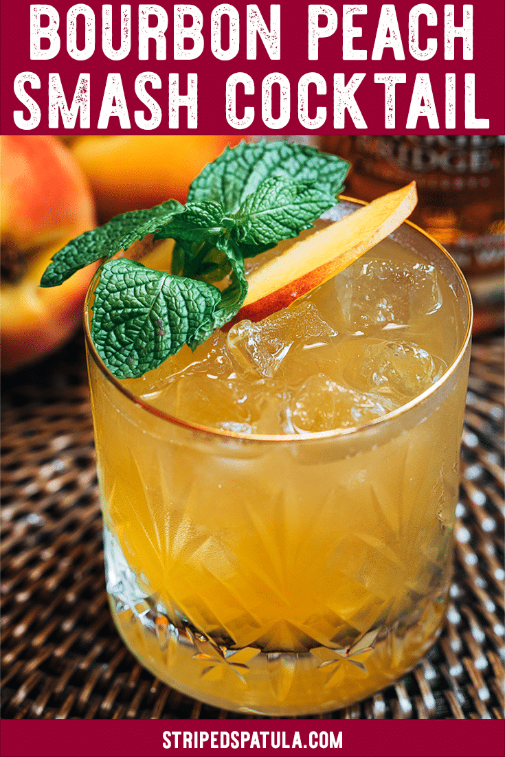 This Bourbon Peach Smash cocktail recipe is a refreshing sip for the dog days of summer! See how easy it is to make this fruity, lightly-spicy bourbon cocktail, made with brown sugar simple syrup. Non-alcoholic variation included in the recipe notes.
