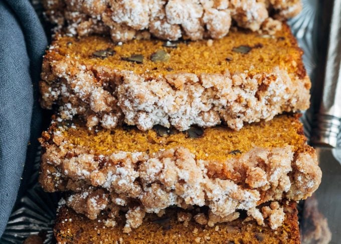 closeup of slices of pumpkin crumb bread